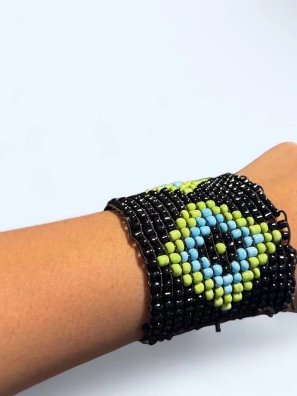 Vintage Black Blue & Green Glass Seed Bead Cuff Bracelet, Eye Design